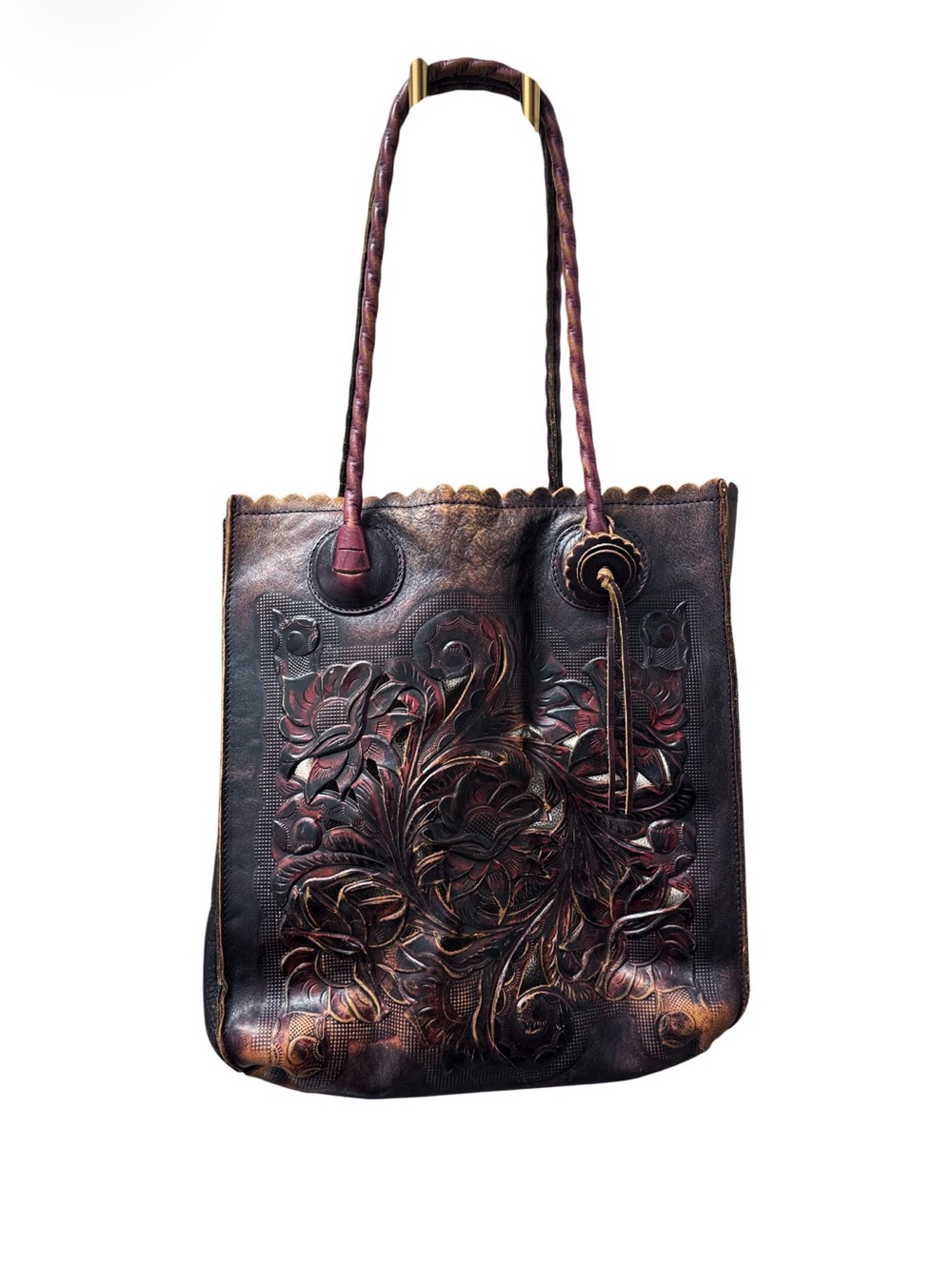 Patricia Nash Cavo tote bag, intricate floral hand-tooled leather, Deep Burgandy